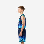 Left side view of navy and cyan youth basketball uniform set showing flame pattern panel placement on jersey and shorts