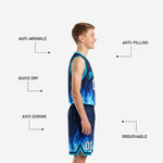 Youth basketball uniform size and specification sheet for navy and cyan blue flame custom set