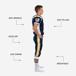 Close detail of navy football pant double side stripe in gold and white showing stripe from hip to knee area