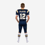 Back view of navy youth football uniform showing back number placement and matching navy pant with gold and white side stripe