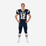 Navy youth football uniforms front and back view showing gold V-neck trim white side panels and matching navy pants with gold stripe youth sizes available