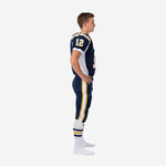 Front view of custom navy and gold youth football uniform with team name across chest and front number 12 in white with gold outline