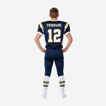 Opposite side view of custom navy youth football uniform showing set-in sleeve with gold trim and matching navy sublimated football pants