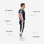 Size and specification sheet for custom navy and gold youth American football uniforms available in full youth sizes