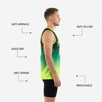 Back view of custom neon basketball jersey showing black-to-lime gradient continuation, back number placement, and neon armhole binding detail