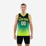 Custom neon basketball jersey in black-to-lime gradient with honeycomb hex pattern, team name and number 00 on front, shown front and back on male model