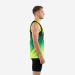 Front view of custom black and lime neon basketball jersey with arched team name, white front number, and neon V-neck binding on adult male
