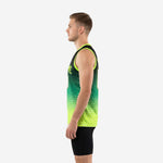 Left side view of sublimated neon basketball jersey showing continuous black-to-lime hex gradient wrapping from front panel to back with lime armhole binding
