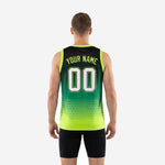 Right side view of custom lime green and black basketball jersey confirming seamless honeycomb pattern across the full side panel with tuck-in straight hem