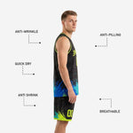 Back view of custom black basketball jersey with neon green back number and player name above matching tribal patterned shorts