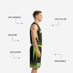 Back view of custom black and neon green basketball uniform showing player name and number placement on sublimated jersey