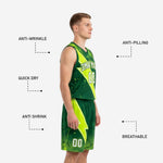 Back view of custom neon green basketball uniform showing player name and number placement on dark green crackle-texture jersey with matching sublimated shorts