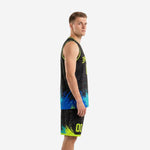 Front view of black and neon green custom basketball uniform set with arced team name and front number on jersey and matching shorts