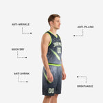 Back view of charcoal sublimated basketball uniform showing back number and player name with neon green trim on jersey and shorts