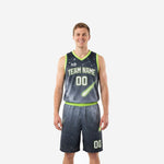 Neon green basketball uniforms in charcoal galaxy sublimation print with lime trim V-neck jersey and matching shorts front and back view