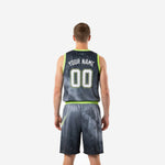 Opposite side view of custom neon green basketball uniform set showing star-dot pattern and lime waistband on matching shorts