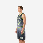 Side view of charcoal galaxy basketball uniform showing lime green armhole binding comet sweep graphic on jersey and shorts
