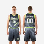 Size and specification sheet for custom charcoal and neon green sublimated basketball uniform set youth and adult sizing