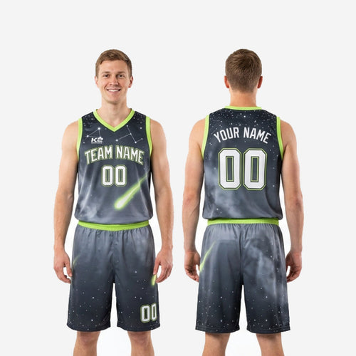 Size and specification sheet for custom charcoal and neon green sublimated basketball uniform set youth and adult sizing