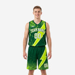 Custom neon green basketball uniforms full set showing forest green crackle jersey with diagonal neon sash and matching lightning bolt shorts, front and back views