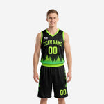Custom neon green basketball uniforms two-piece set with black base and equalizer bar graphic on jersey and shorts front view