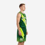 Adult male wearing custom neon green basketball uniform with arced team name across chest, front number, and neon green diagonal stripe on dark green jersey