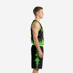 Neon green basketball uniform front view showing arced team name, front number, and V-neck trim on black polyester jersey