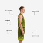 Back view of olive and neon green basketball uniform showing full sublimated burst pattern and back number placement