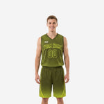 Custom neon green basketball uniforms in olive and lime green with burst-line jersey and halftone-fade shorts, front and back view