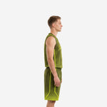 Adult male wearing custom neon green basketball uniforms with olive base, arced team name on chest and front number 00
