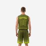 Opposite side view of neon green basketball uniform showing wide armhole cut and elastic drawcord waistband on shorts