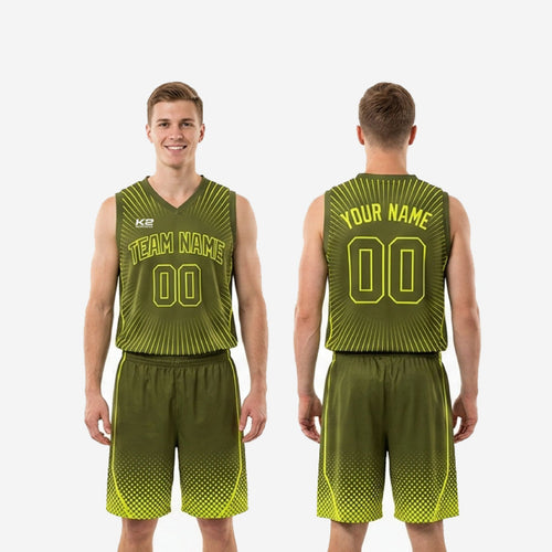 Custom Olive and Neon Green Basketball Uniforms - Jersey and Shorts