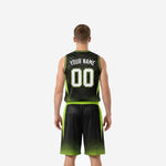 Opposite side view of neon green sublimated basketball jersey and shorts showing hex-dot hem fade and green armhole binding