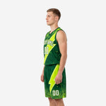 Side view of neon green basketball uniform showing V-neck jersey and diagonal neon stripe continuing through the shorts outer panel on adult male model