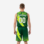 Right side view of forest green and neon green basketball uniform set showing bound armhole, crackle texture jersey and coordinating lightning bolt shorts