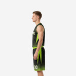 Side view of black and neon green basketball uniform showing angular lightning-bolt green side panels on jersey and shorts