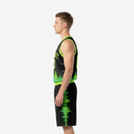 Side view of black and neon green basketball uniform showing equalizer pattern on jersey hem and shorts side panel