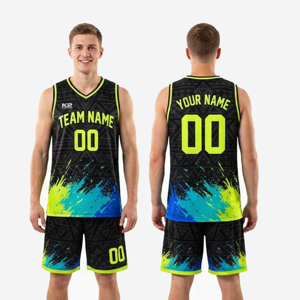 Custom Neon Green Basketball Uniforms - Black, Front and Back Numbers