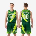 Size and specification sheet for custom neon green basketball uniforms showing youth and adult sizing chart for jersey and shorts