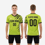 Close-up detail of V-neckline with black contrast collar trim on neon green custom printed practice jersey