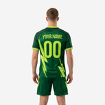 Full-dye sublimated neon green soccer jersey detail showing V-neck collar trim and chest team name zone