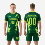 Close detail of full-dye sublimation neon green lightning bolt print on custom forest green soccer uniform set