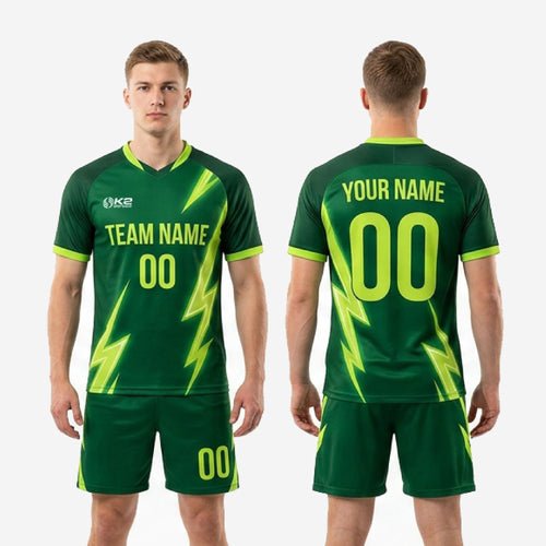 Close detail of full-dye sublimation neon green lightning bolt print on custom forest green soccer uniform set