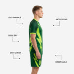 Custom neon green soccer shorts with forest green base and lightning bolt side graphic, player number on left thigh