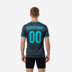Detail view of charcoal and teal numbered practice jersey chest print with team name and player number in teal sublimation