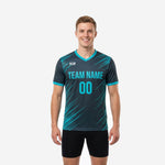 Numbered practice jerseys in charcoal and teal with custom team name and player number on chest, front view on male model