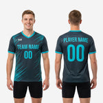Full body view of custom charcoal and teal numbered practice jersey with V-neck collar and teal sleeve cuff trim