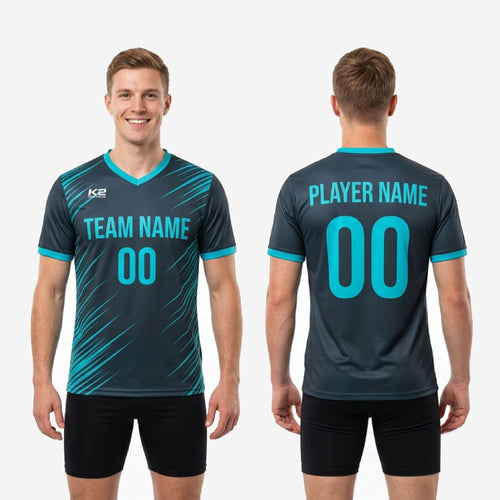 Full body view of custom charcoal and teal numbered practice jersey with V-neck collar and teal sleeve cuff trim