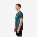 Custom charcoal teal numbered practice jersey showing team name and number print zones, right side view