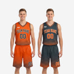 Halftone dot sublimation detail on orange and black custom reversible basketball uniform jersey hem close up